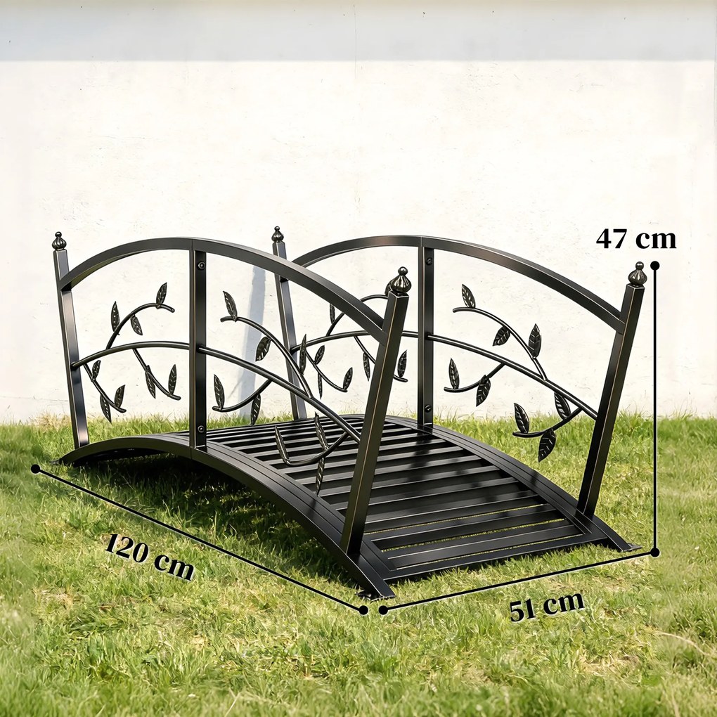 Outsunny Pod de Grădină Metalic 1,2 m Pod Decorativ pentru Iaz cu Balustrade de Siguranță și Design cu Frunze Negru | Aosom Romania