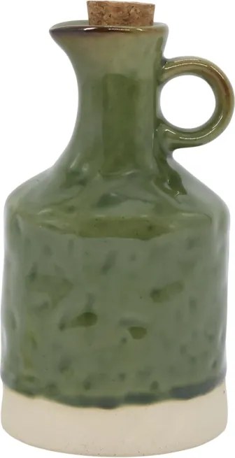 Olivieră din ceramică antichizată verde, pentru ulei, cu dop de plută, 15,5×8 cm, „Mireille"
