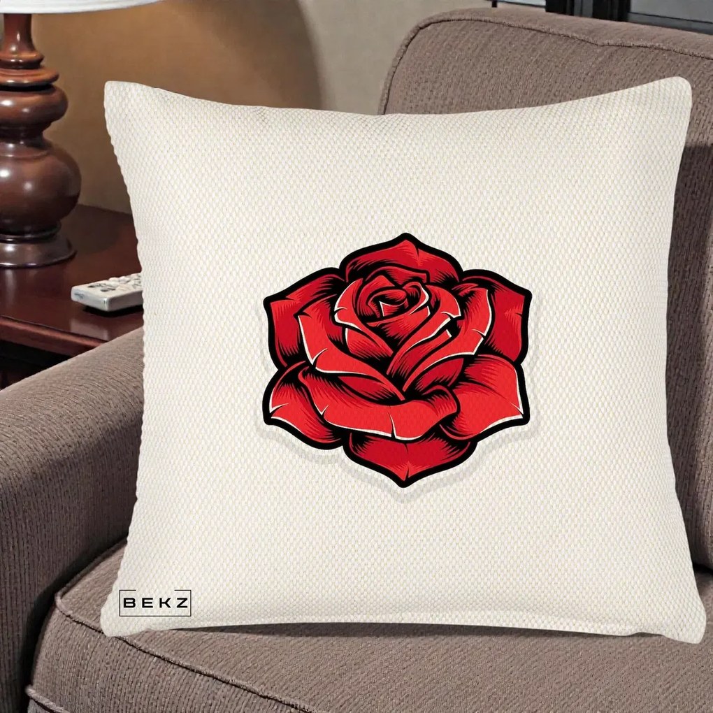 Perna Decorativa Trandafir Rosu Tattoo, 40x40 cm, Crem Reliefat, Husa Detasabila, Perna Inclusa, BEKZ®