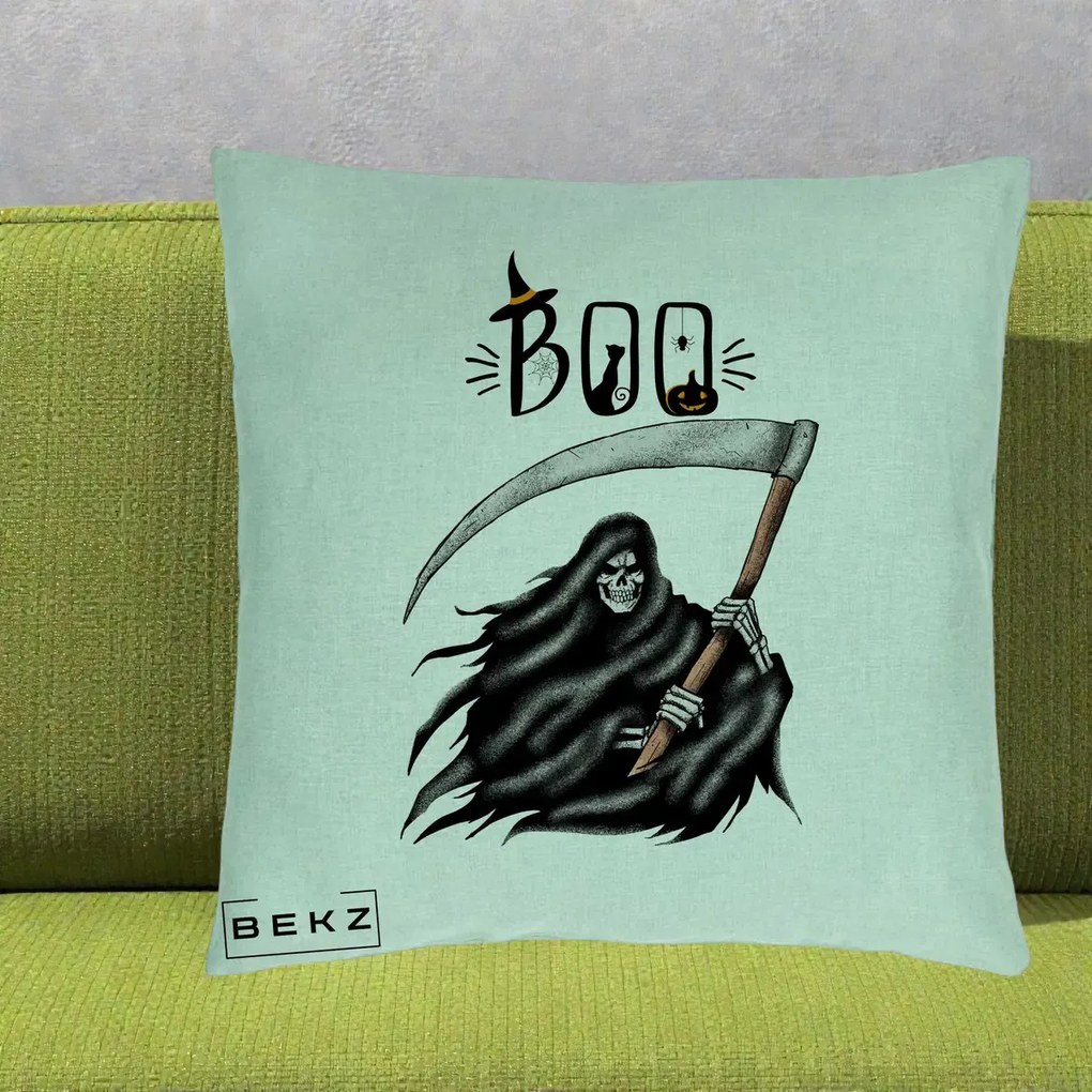Perna Decorativa Halloween Boo Grim Reaper cu Coasa, 40x40 cm, Verde Menta, Husa Detasabila, Perna Inclusa, BEKZ®