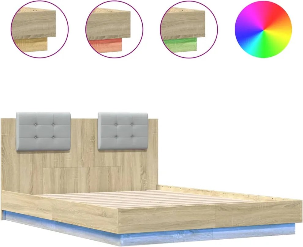 vidaXL Cadru de pat cu tăblie și lumini LED, stejar sonoma, 135x190 cm