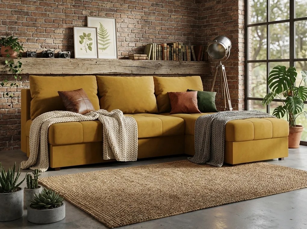 Coltar extensibil de colt VENORIA SLIM, mustar, reversibil, 200x143 cm + 2 perne GRATUIT