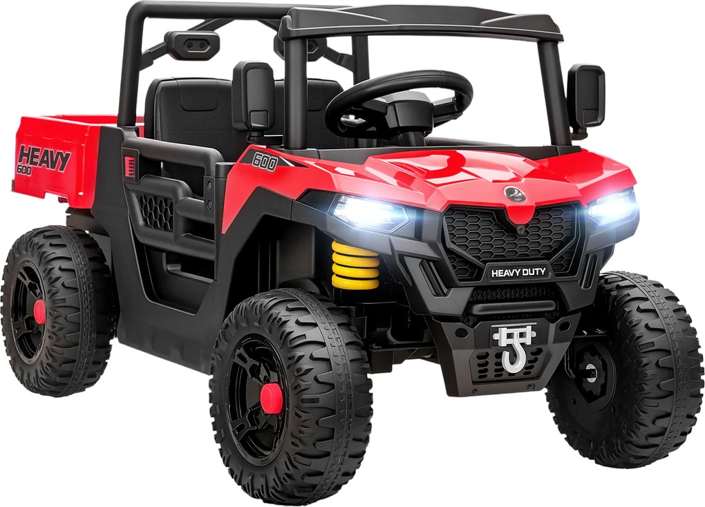 AIYAPLAY Mașină Electrică pentru Copii UTV 12V Off-road cu Portbagaj, 2 Motoare, Centură în 3 Puncte, Telecomandă, Suspensii, USB, Muzică, Lumini, 1.8-3.7 km/h, 3-8 Ani, Roșu | Aosom Romania