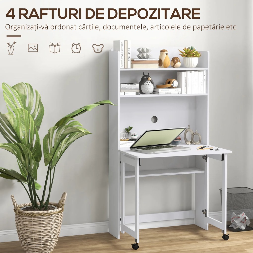 HOMCOM Birou cu Rafturi, Blat Pliabil, 2 Roți și 4 Rafturi, Birou Compact Modern cu Orificiu pentru Cabluri, Masă pentru Computer, Casă Birou Cameră de Studiu, 80x69x155 cm, Alb | Aosom Romania