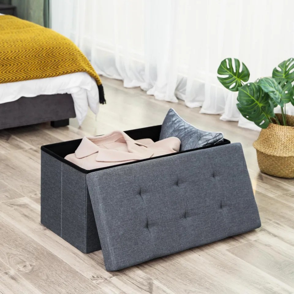 Bancheta cu capac si spatiu depozitare, textil / MDF, gri inchis, Songmics