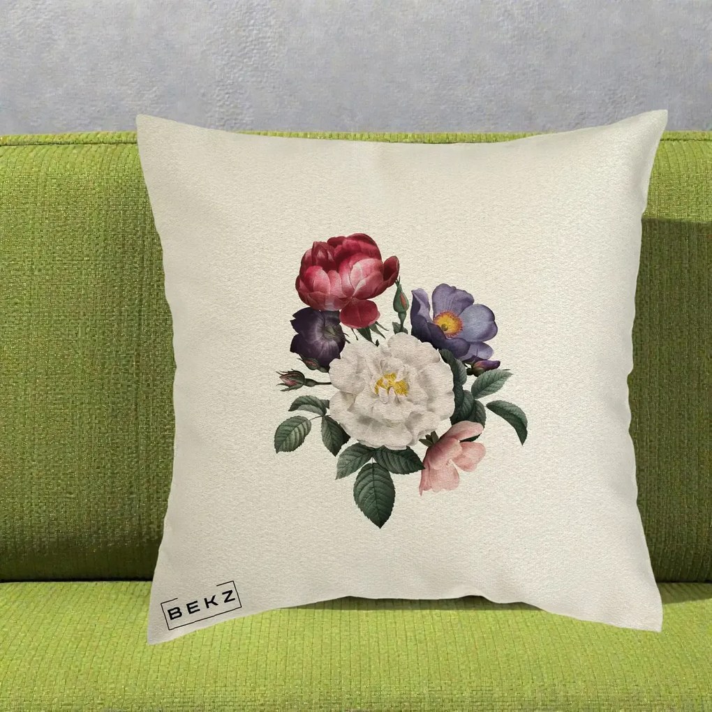 Perna Decorativa Buchet Trandafiri Bujori Botanical, 40x40 cm, Ecru, Husa Detasabila, Perna Inclusa, BEKZ®