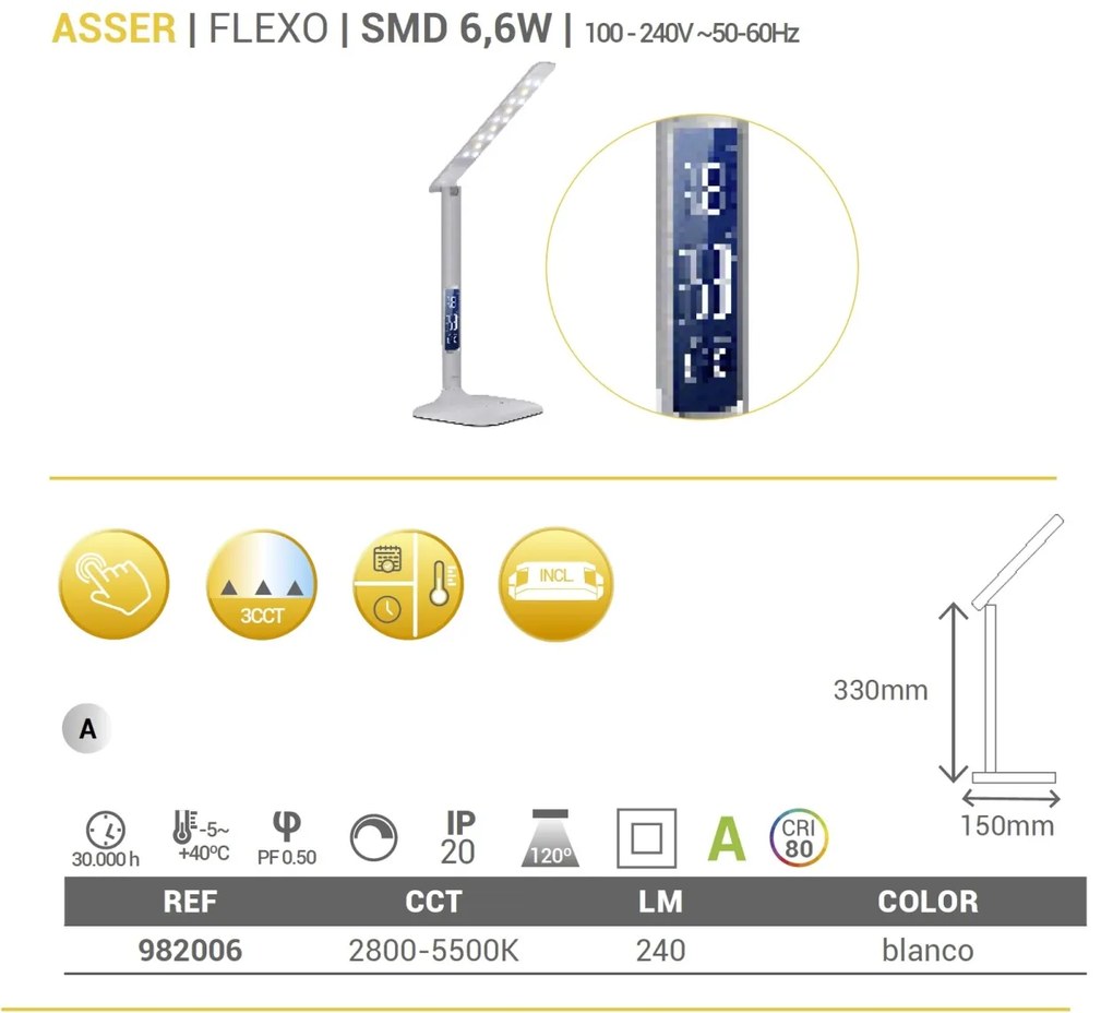 Veioza LED RGB / Lampa birou cu alarma, calendar si termometru Asser 982006 SU