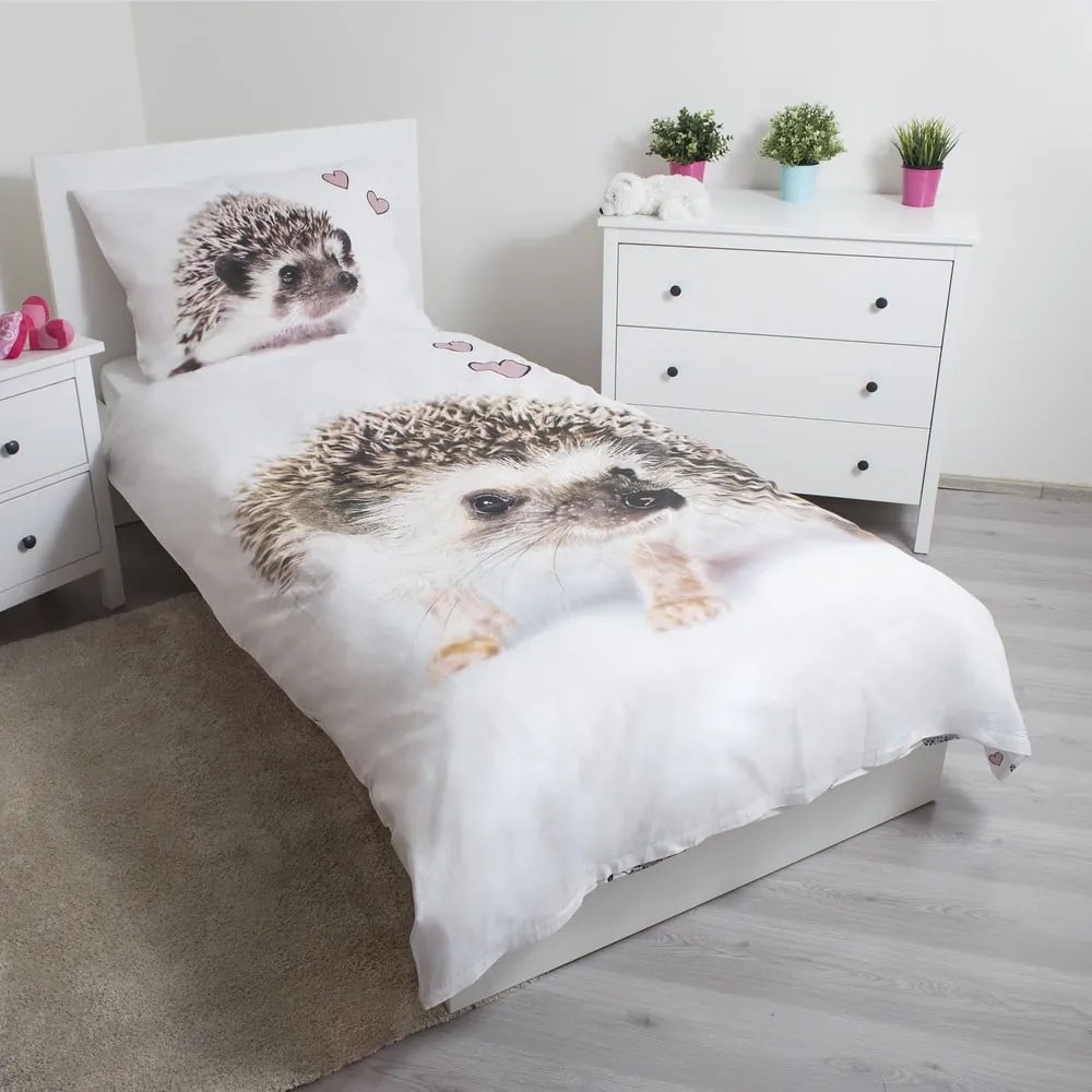Lenjerie de pat pentru copii albă-maro din bumbac pentru pat de o persoană 140x200 cm Hedgehog – Jerry Fabrics