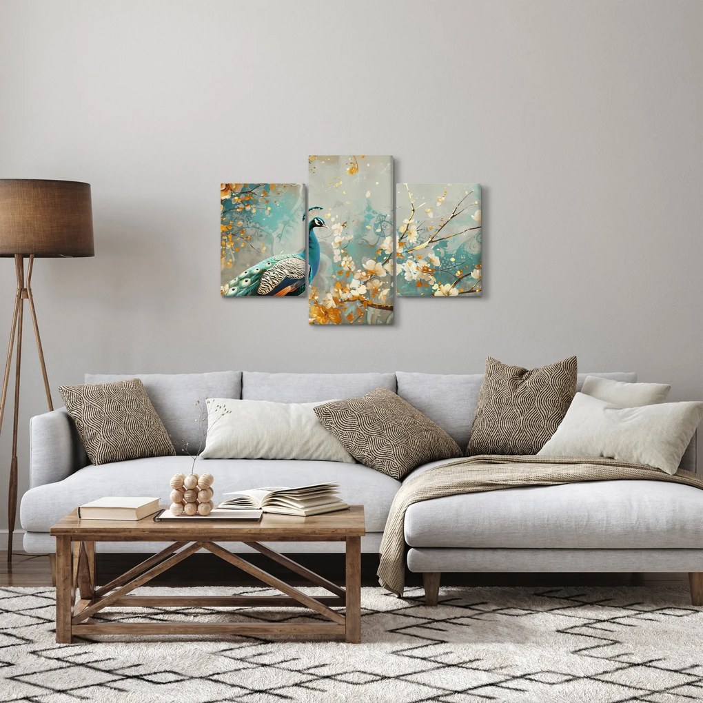Tablou - Păun cu decor de aur (90x60 cm)