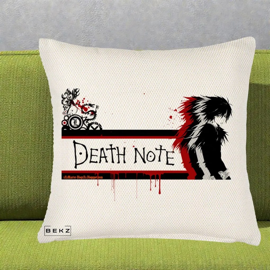 Perna Personalizata Death Note L Lawliet Rosu-Negru, 40x40 cm, Crem Reliefat, Husa Detasabila, Perna Inclusa, BEKZ®