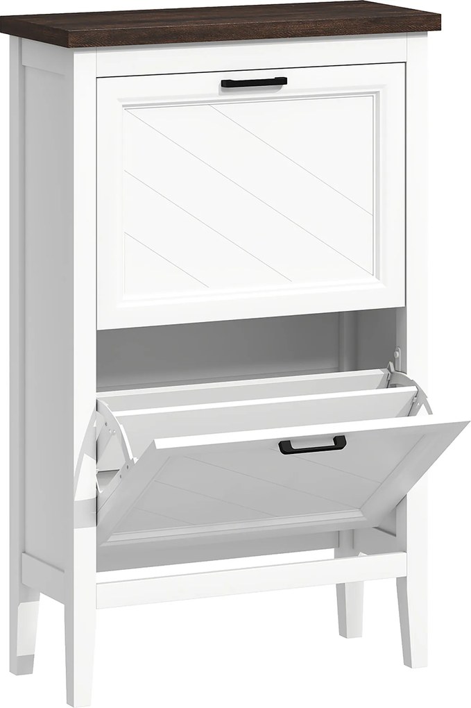 HOMCOM Dulap pentru Pantofi cu 2 Sertare Rabatabile, Design Country Slim cu Rafturi Reglabile, Organizator Freestanding pentru Intrare, Hol, Living, Capacitate 8-12 Perechi, Alb | Aosom Romania