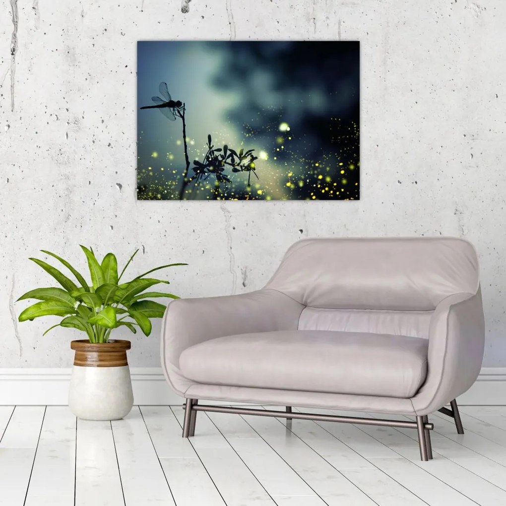 Tablou pe sticlă - Libelula în noaptea strălucitoare (70x50 cm)