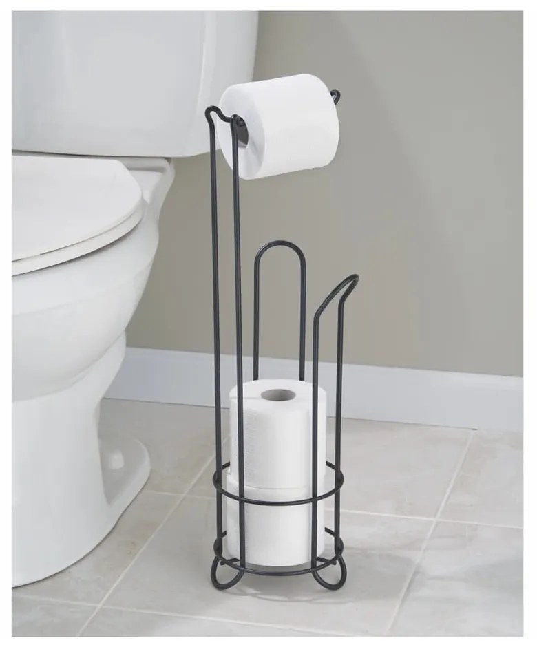 Suport din oțel cu tavă pentru hârtia igienică InterDesign, înălțime 65 cm, negru