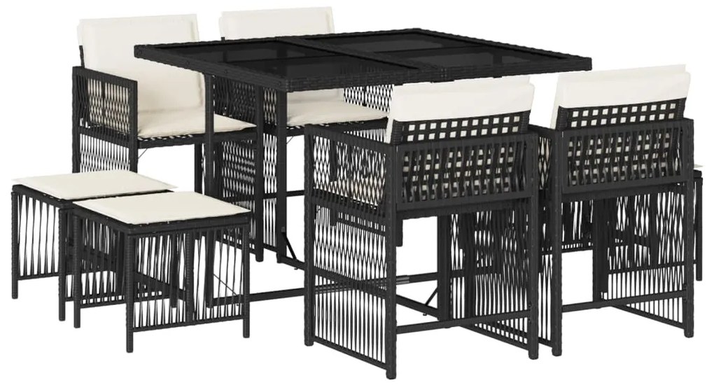 3211674 vidaXL Set mobilier de grădină cu perne, 9 piese, negru, poliratan