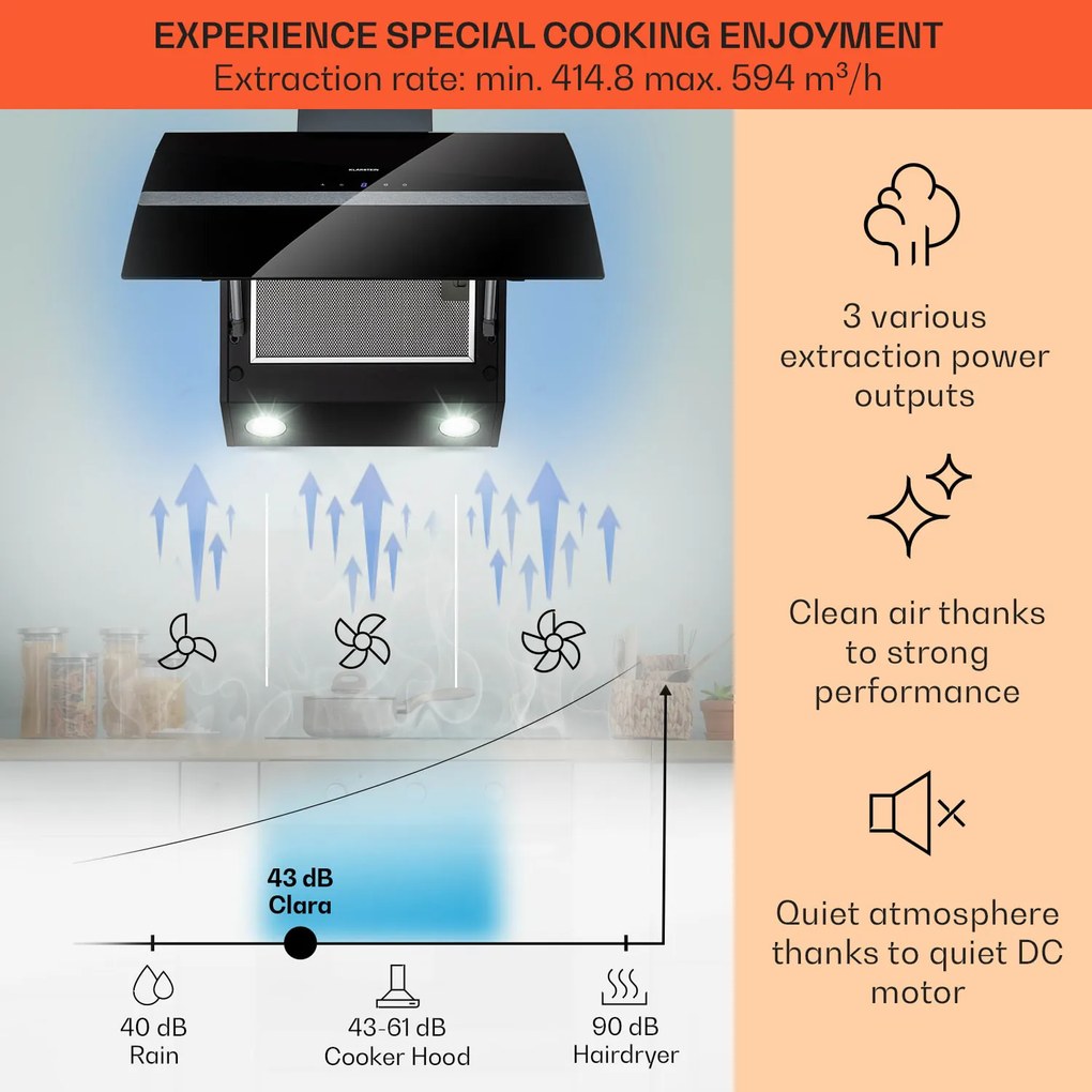 Klarstein Clara 60, hotă, 509 m³/h, ecran tactil, iluminare ambientală