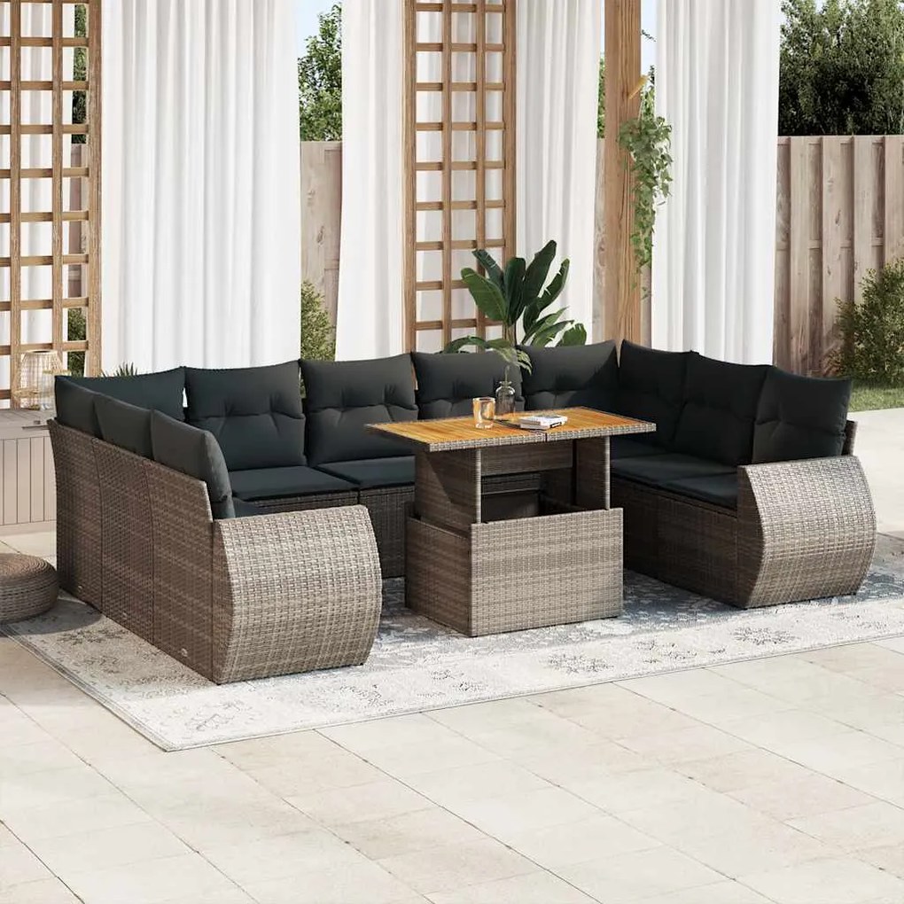 vidaXL Set mobilier de grădină cu perne, 10 piese, gri, poliratan