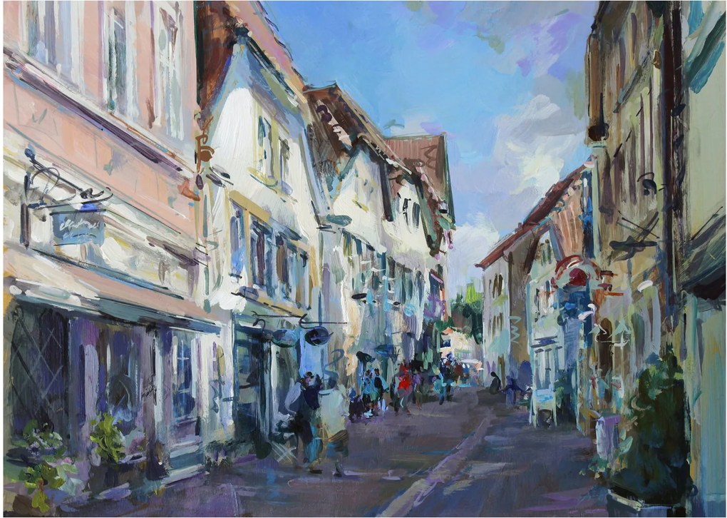 Tablou pe sticlă - Strada orașului vechi, pictură acrilică (70x50 cm)