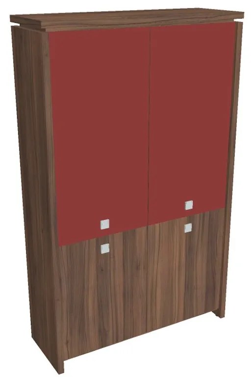 Dulap înalt Verno 128 x 46 x 210 cm, uși combinate, nuc / roșu