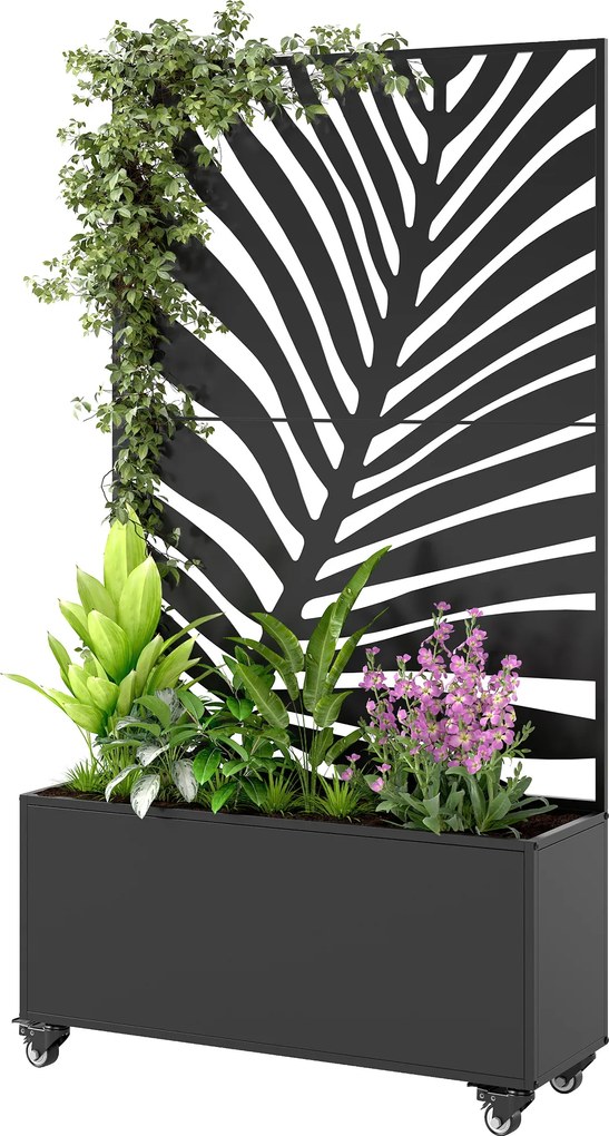 Outsunny Jardinieră cu spalier, cuvă pentru flori, cu paravan de intimitate și roți blocabile, metal, 90 x 30 x 160 cm, negru | Aosom Romania