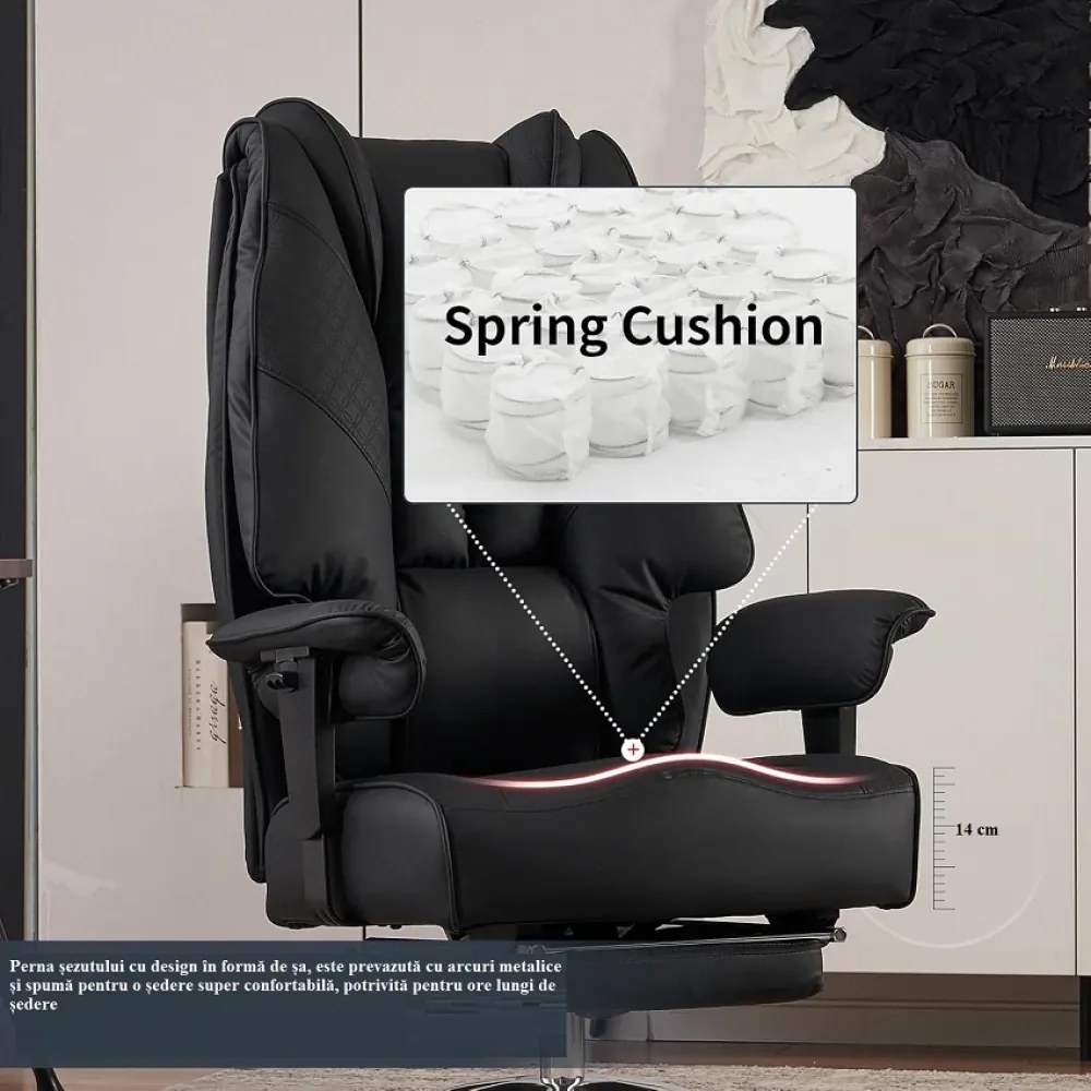 RESIGILAT- Scaun directorial, Rezistent 180 kg, Sezut cu Arcuri Metalice și Spumă, cotiere reglabile inaltime, piele PU, Negru