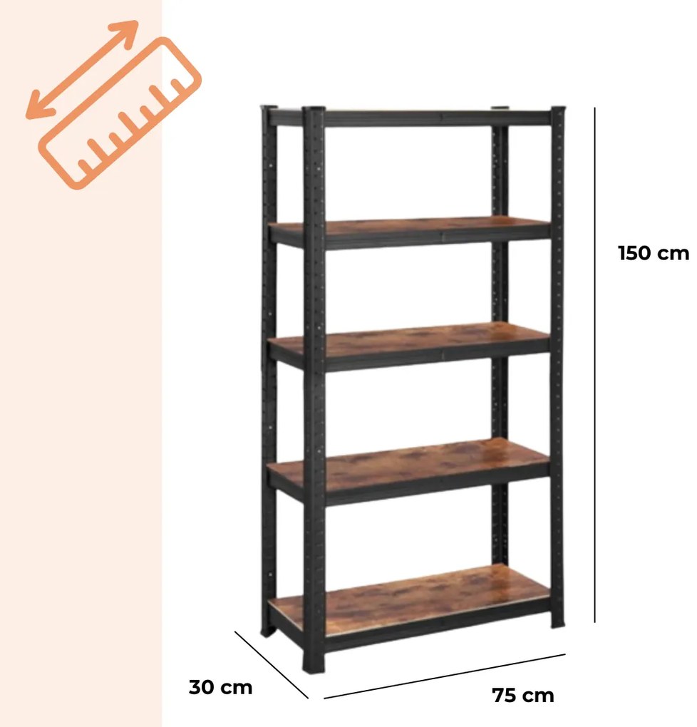 Raft de depozitare DUSTY, 5 polițe, max. 650kg, negru/maro SongmicsHome