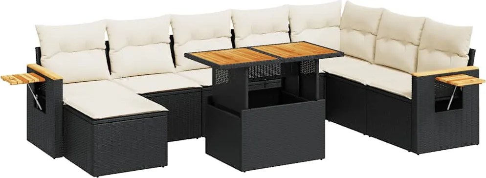 vidaXL Set mobilier grădină perne 9 piese negru poliratan/lemn acacia