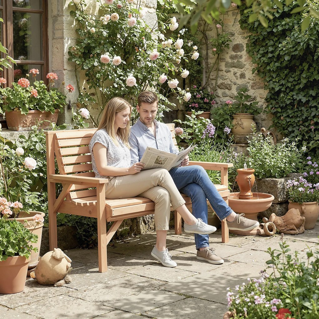 Outsunny Bancă de grădină 2 locuri din lemn, bancă cu șipci cu cotiere și spătar, mobilier exterior pentru balcon, terasă, grădină | Aosom Romania