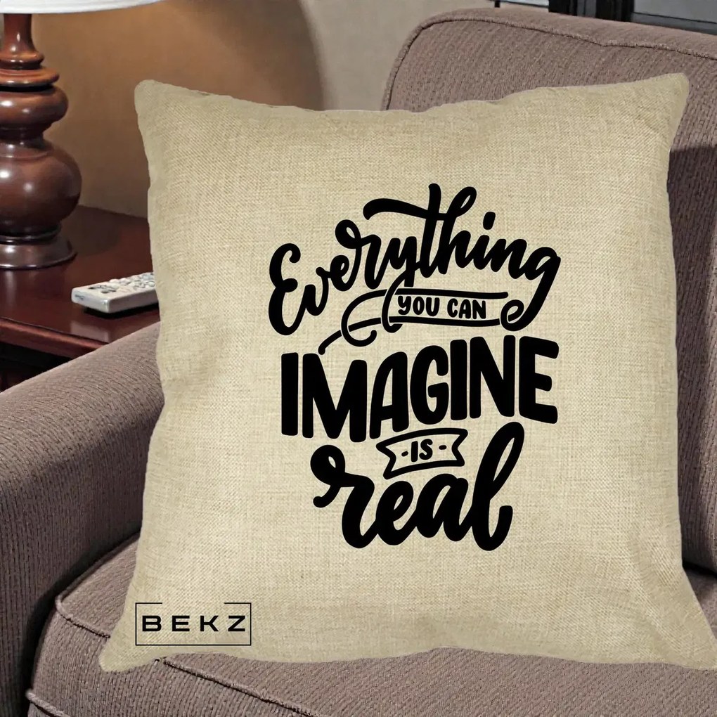 Perna Decorativa Everything You Can Imagine Is Real, 40x40 cm, Crem, Husa Detasabila, Perna Inclusa, BEKZ®
