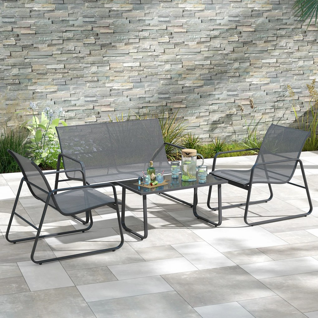 Outsunny Set Mobilier de Grădină din 4 Piese, cu Bancă de Exterior cu 2 Locuri, 2 Scaune și Măsuță de Cafea cu Blat din Sticlă Securizată, Set Mobilier de Exterior din Metal și Textilenă, Gri Deschis | Aosom Romania