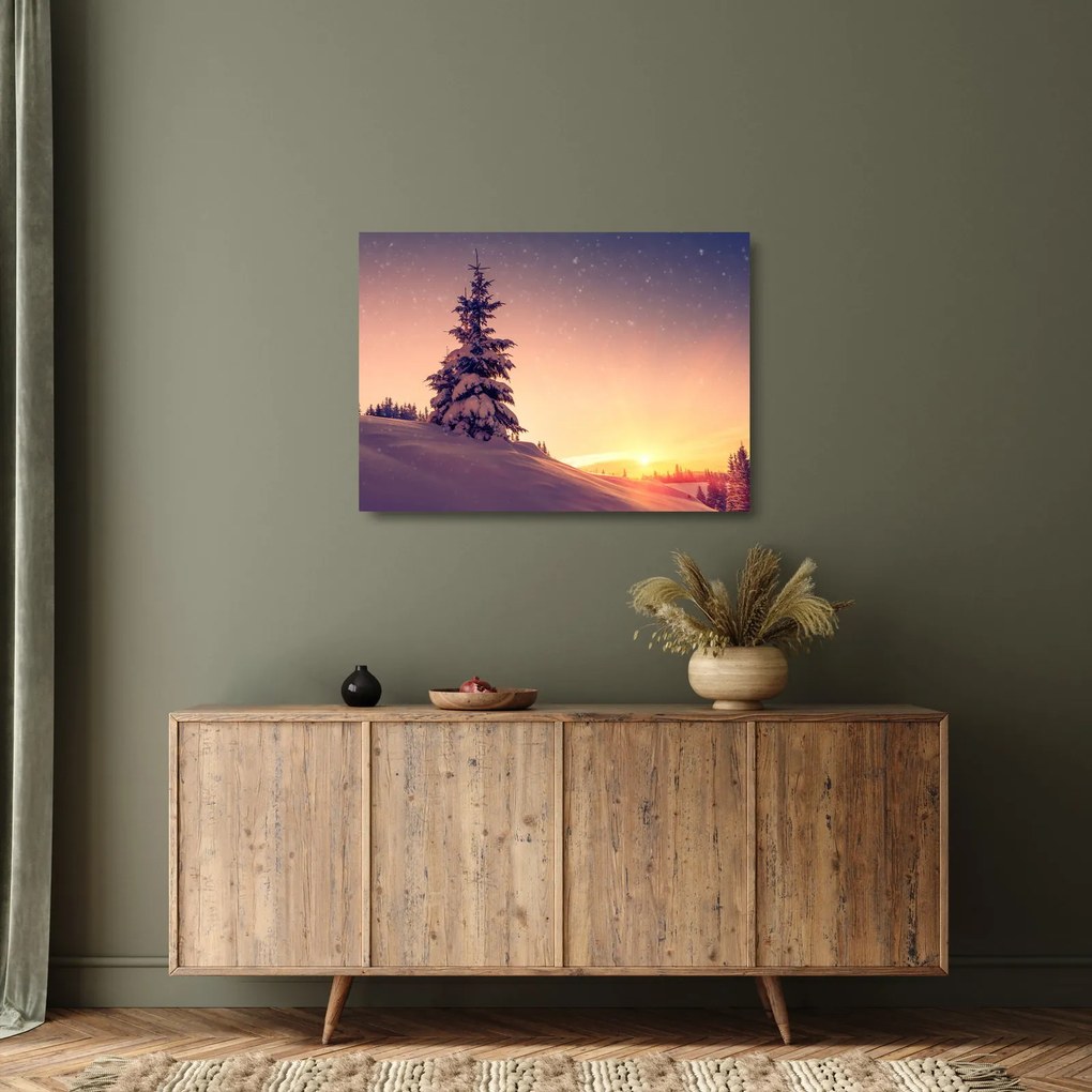 Tablou pe sticlă cu copac înzăpezit pe luncă (70x50 cm)