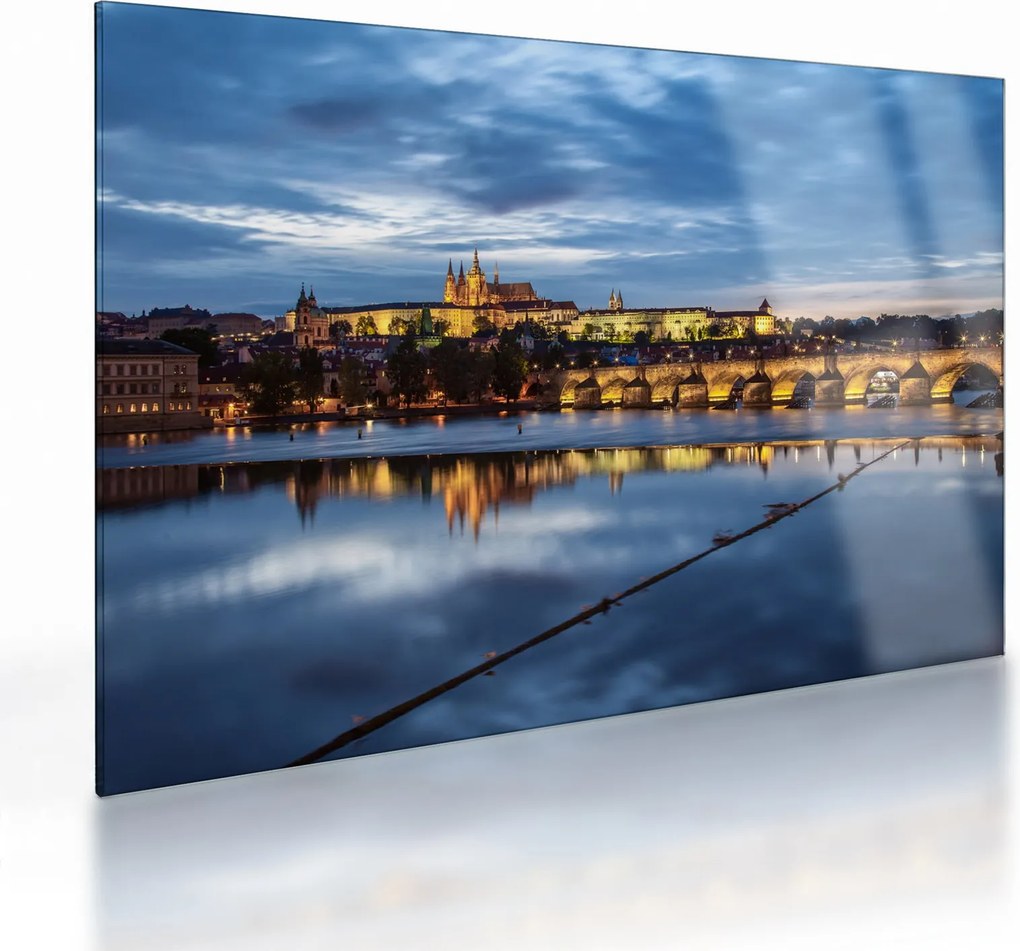 Tablou pe sticlă cu palatul din Praga și podul lui Carol (70x50 cm)