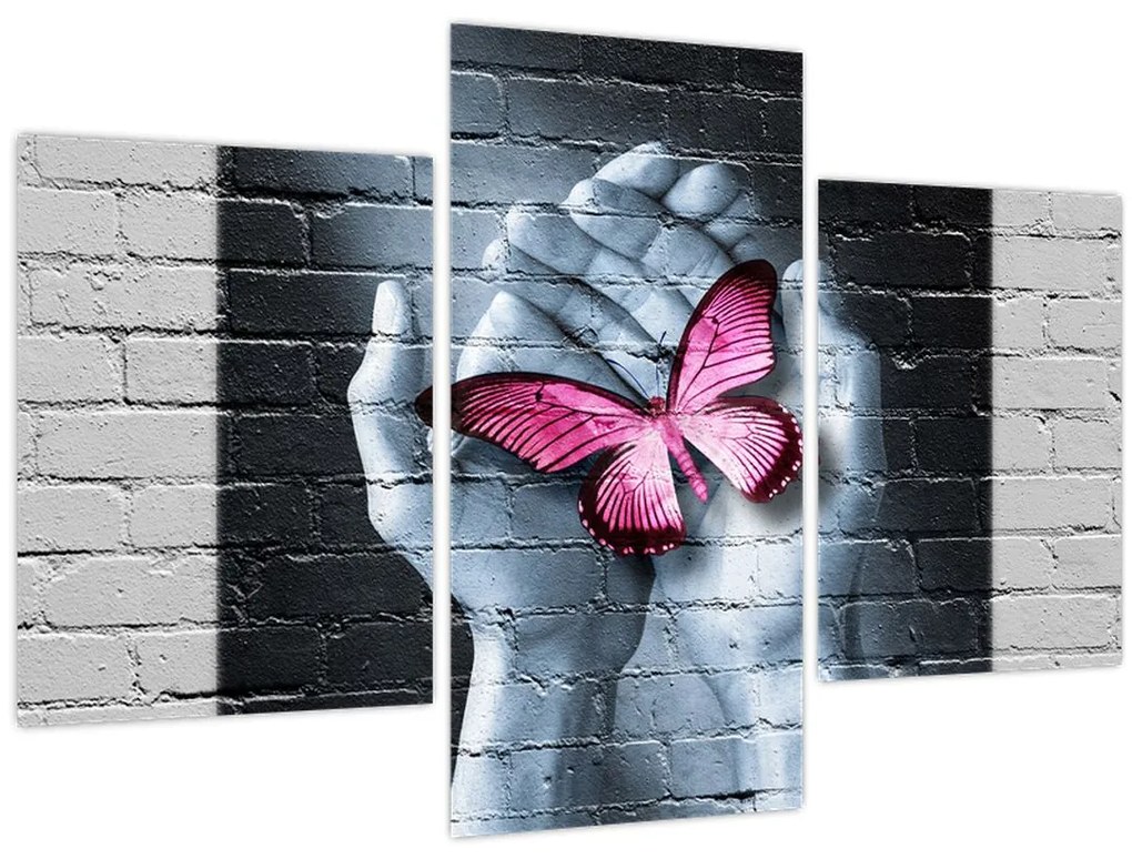 Tablou - Fluture roz în perete (90x60 cm)