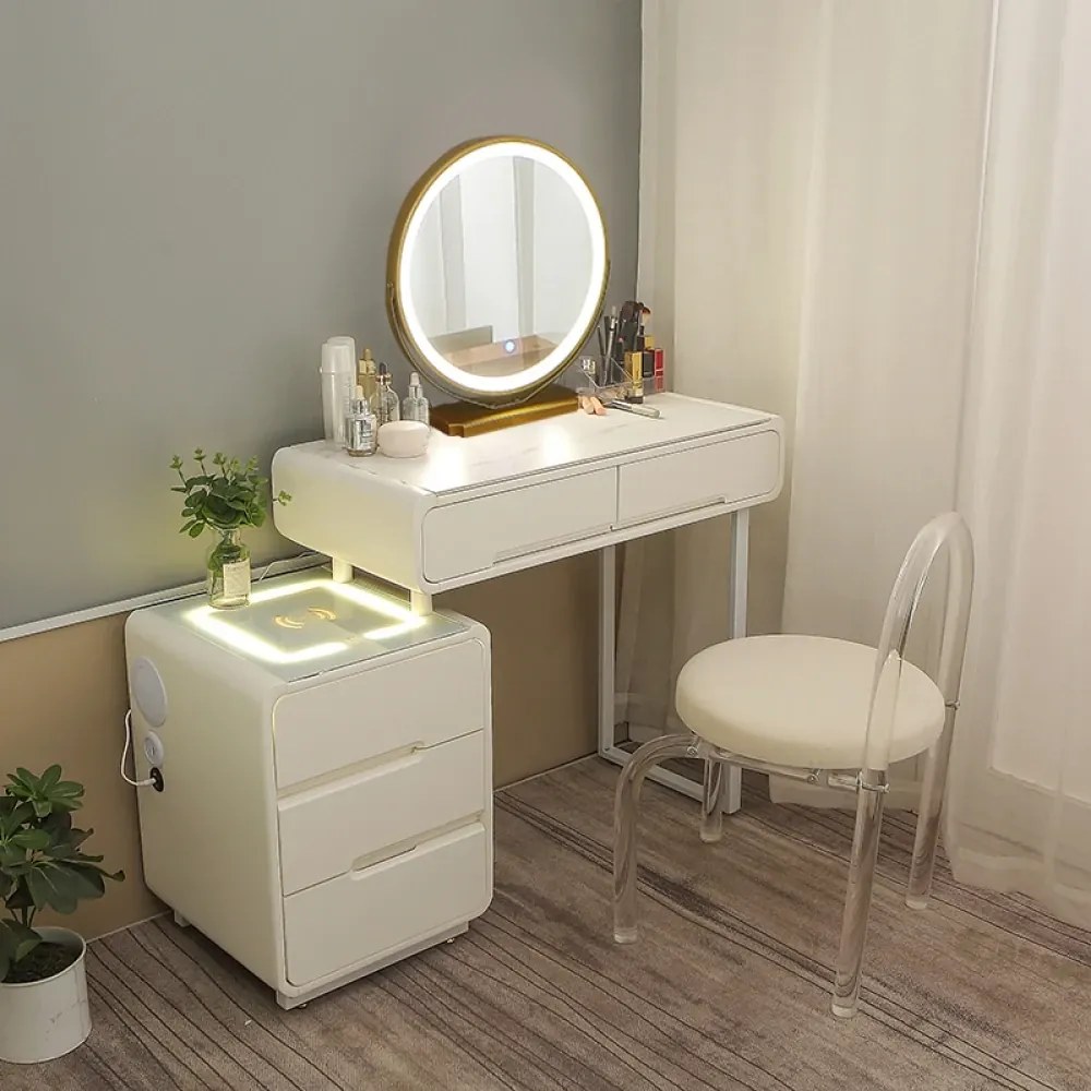 Set Alisa, Masă de toaletă pentru machiaj cu oglindă iluminată LED, control touch, 5 sertare, comoda, scaun, Difuzor Bluetooth, zona încărcare fără fir, Alb