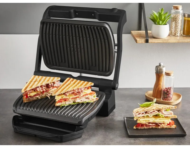 Gratar electric Tefal OptiGrill+ GC717810, 2000W, 6 programe, Acoperire antiaderenta Teflon, Ecran tactil, Smart grill, Max 240C, Negru