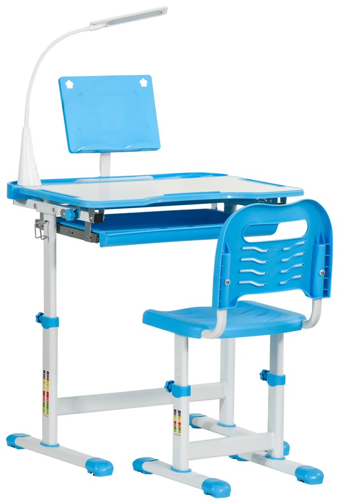 HOMCOM Birou Copii de 6-12 ani cu Lampa, masa cu scaune copii, cu design Ergonomic, Inălțimea Reglabilă, 70x49.5x80-105 cm | Aosom Romania