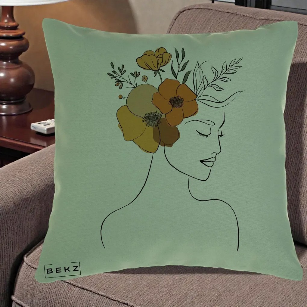 Perna Decorativa Portret Feminin Flori Galbene-Portocalii, 40x40 cm, Verde, Husa Detasabila, Perna Inclusa, BEKZ®