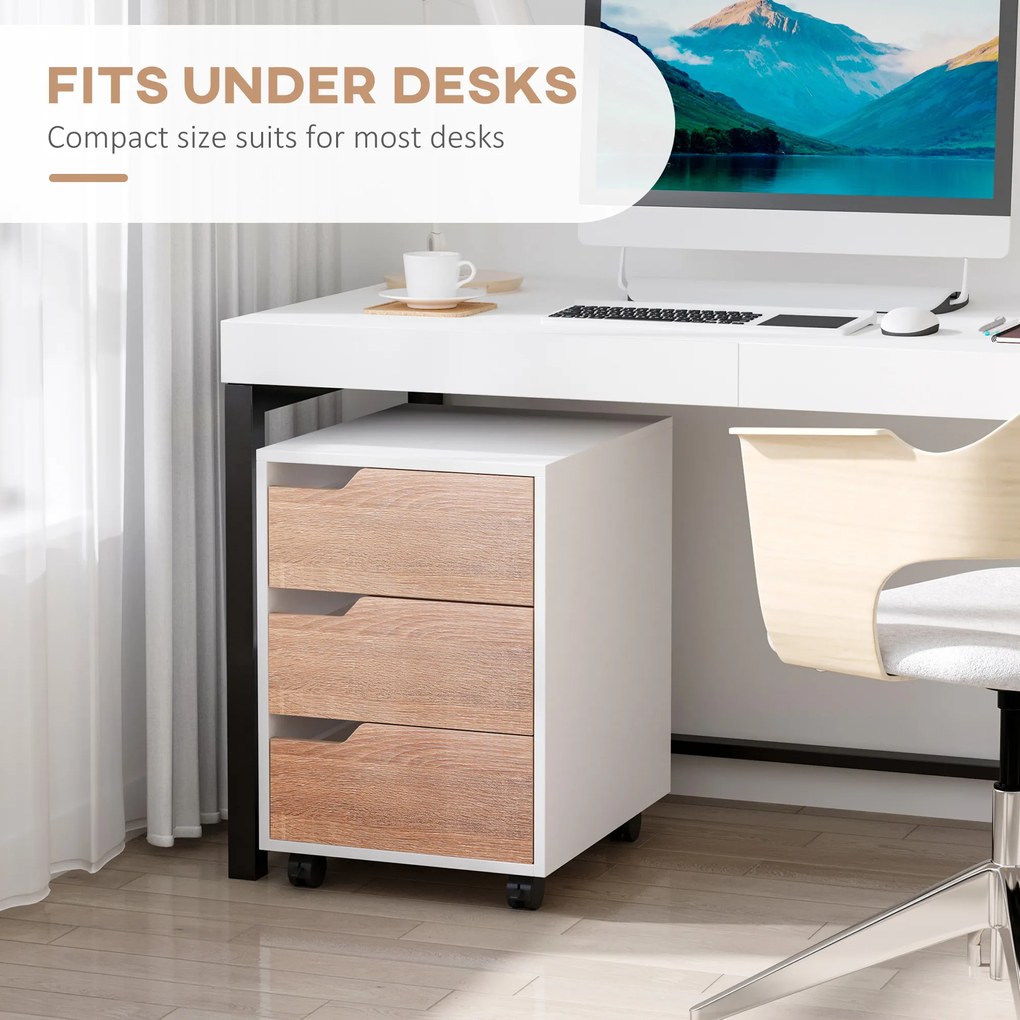 Comoda din MDF cu 3 Sertare si 4 roti cu rotatie de 360 ° (2 cu frane), pentru Birou sau Studio Alba si Lemn 31x37x7.2cm HOMCOM | Aosom Romania