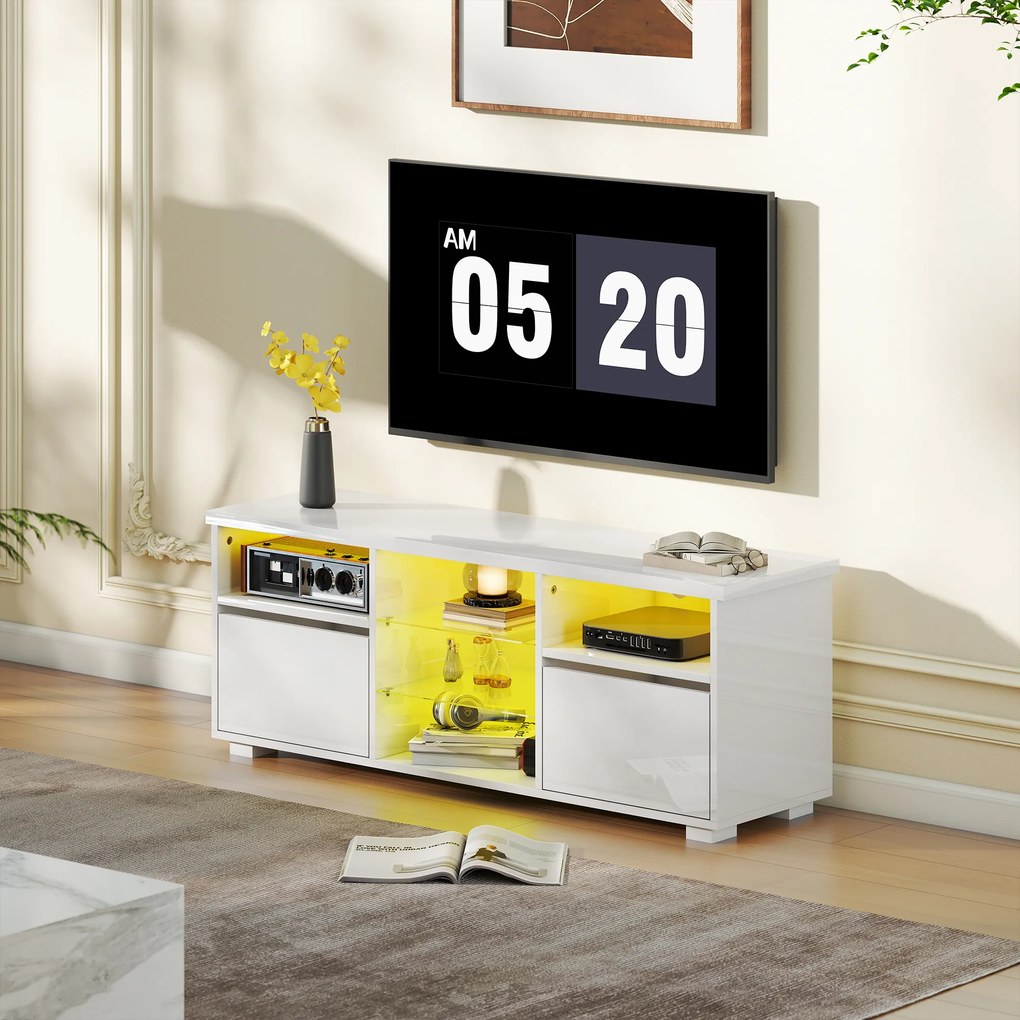 HOMCOM Suport TV 120 cm, suport televizor pentru televizoare de până la 55 inch cu iluminare LED și telecomandă, rafturi din sticlă alb | Aosom Romania