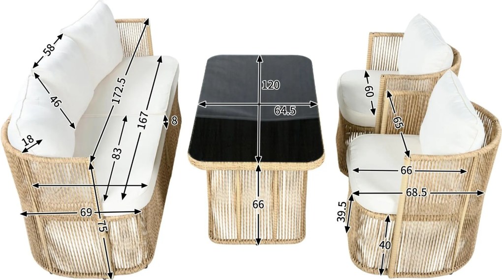 Set mobilier de grădină din PE‑rattan, 5 piese, canapea 3 locuri, 2 fotolii și masă cu blat din sticlă, Bej+Negru+Alb