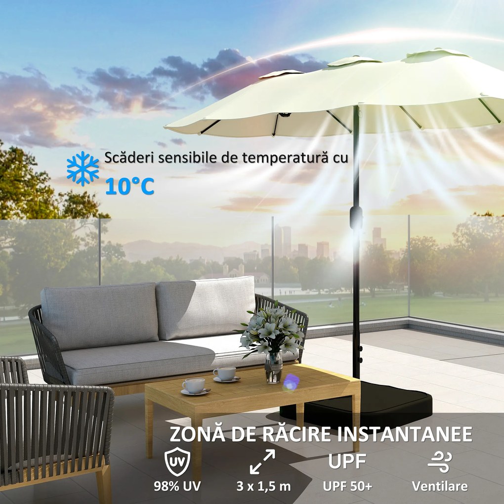 Outsunny Umbrelă Dublă de Grădină 3x1.5 m, Umbrelă de Exterior cu Sac de Nisip, Anti UV 50+, Bej | Aosom Romania