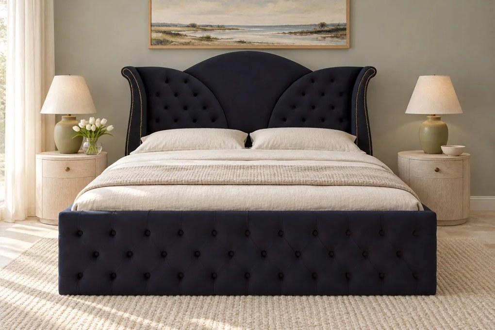 Pat tapițat Chesterfield din catifea Velora 160×200 cm, negru, cu ladă de depozitare