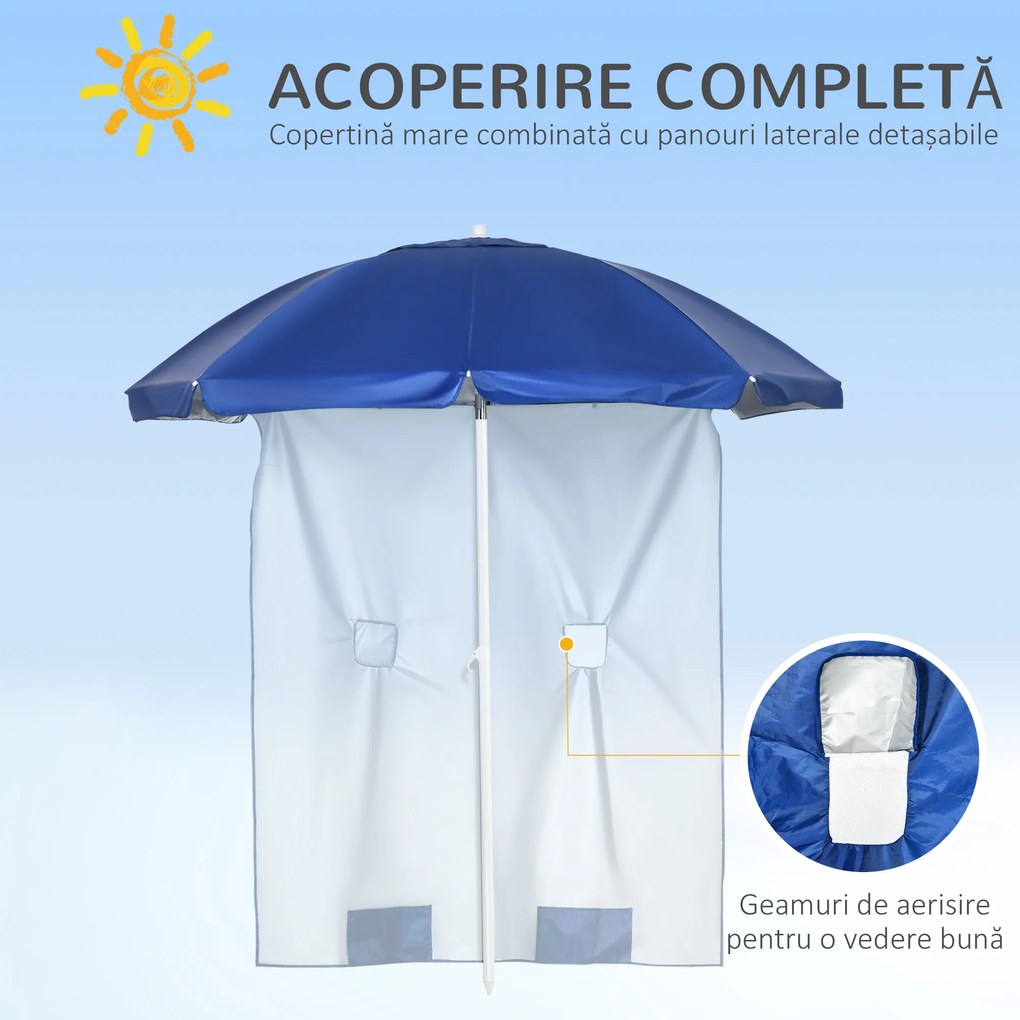 Outsunny Umbrelă de Plajă cu Acoperiș Înclinabil la 45°, Ferestre și 2 Buzunare, Ø191x211 cm, Albastru | Aosom Romania