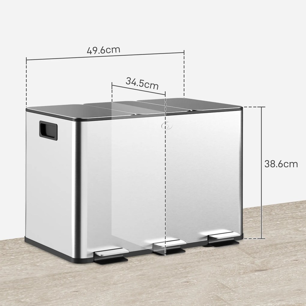HOMCOM Coș de Gunoi cu 3 Compartimente de 20L, Cu Pedală, Capace cu Închidere Silențioasă, Oțel Inoxidabil și PP, 61,9x36,6x56,7 cm, Argintiu | Aosom Romania