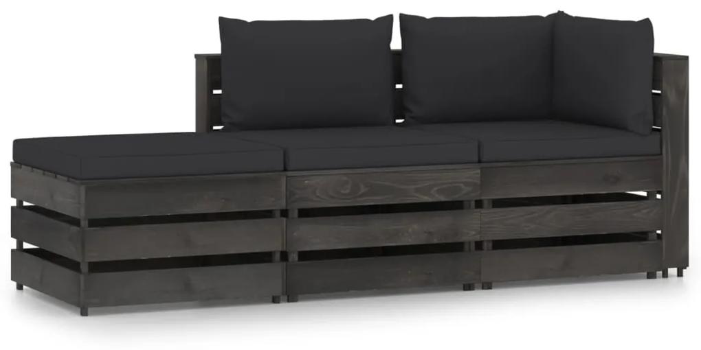 Set mobilier gradina cu perne, 3 piese, gri, lemn impregnat negru si gri, 3