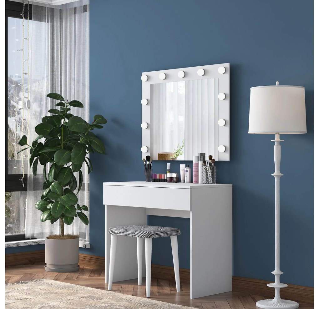 Măsuță de toaletă cu Taburetee Blake 21 (cu oglindă) (cu iluminat LED) (alb). 1107278