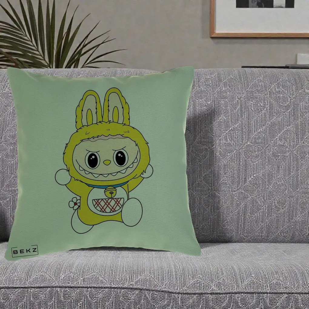 Perna Personalizata Labubu Galben Doraemon, 40x40 cm, Verde, Husa Detasabila, Perna Inclusa, BEKZ®