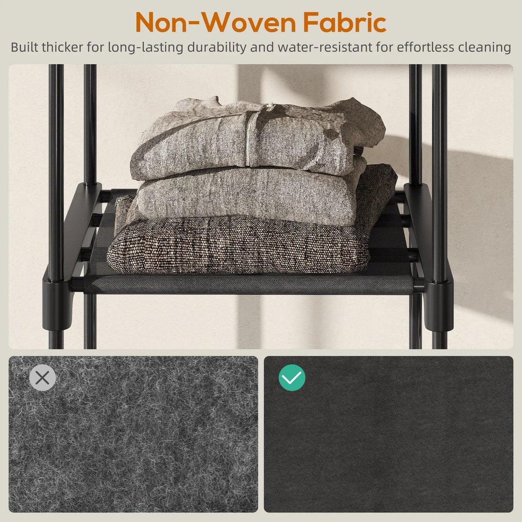 HOMCOM Dulap Garderobă din Material Textil cu 8 Rafturi și 3 Bare pentru Agățat, 182x43x185 cm, Negru | Aosom Romania