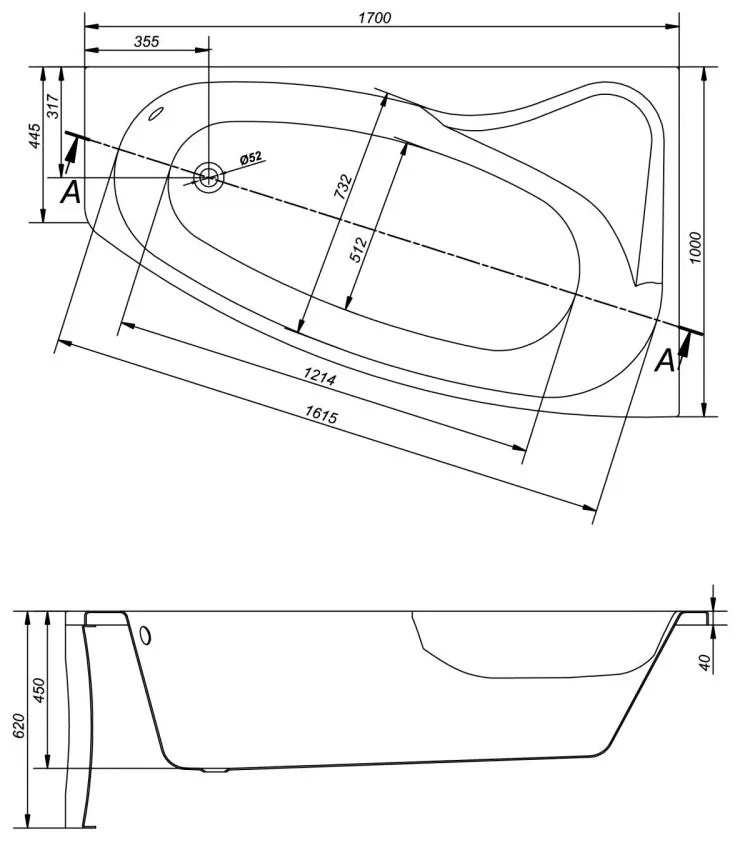 Cada baie pe colt Cersanit Sicilia, 170 x 100 cm, asimetrica, orientare dreapta, alba 1700x1000 mm, Dreapta
