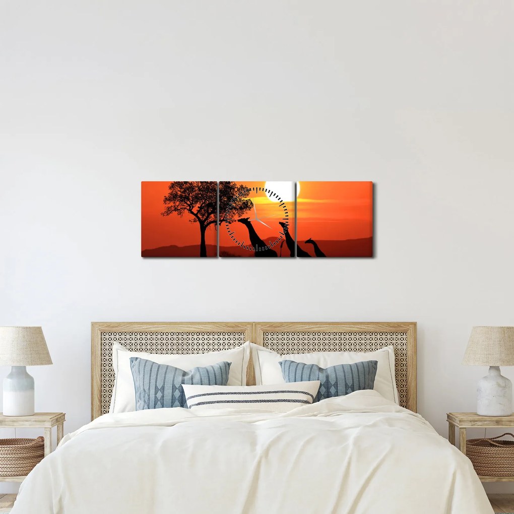 Tablou cu girafe în apus de soare (cu ceas) (90x30 cm)
