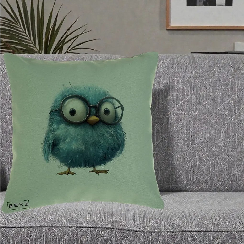 Perna Decorativa Pui Pufos Teal cu Ochelari, 40x40 cm, Verde, Husa Detasabila, Perna Inclusa, BEKZ®